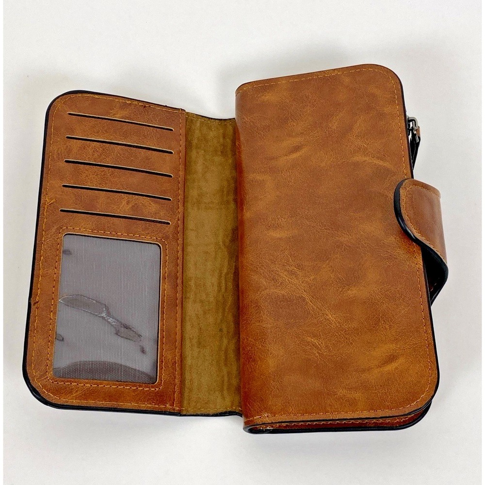Menbense Minimalistic Oilwax PU Leather Ladies 7" Long Wallet Brown - Picture 5 of 7